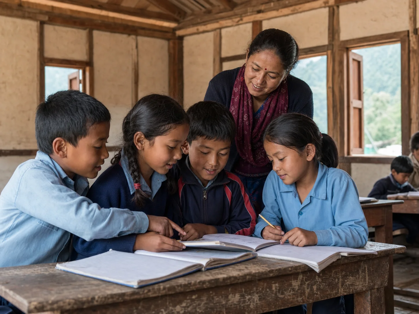 Illustration of children learning together with a teacher